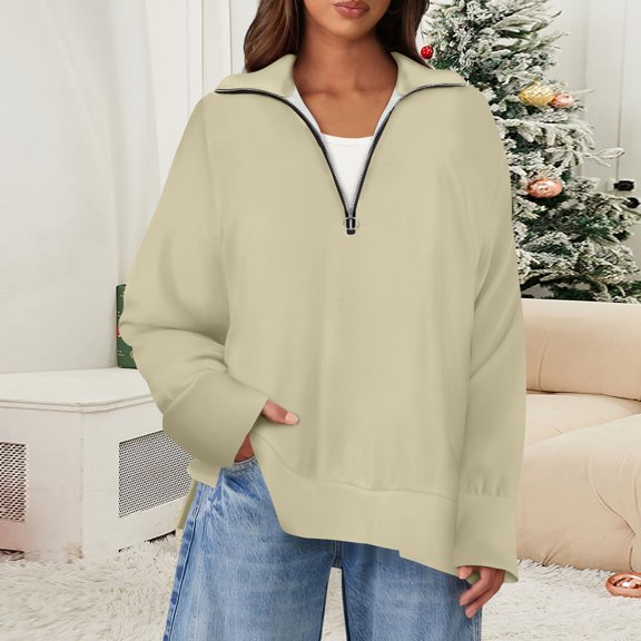 Womens Tops Women's Casual Half Zipper Lapel Solid Color Pullover Tops Side Slits Fashion Clothing