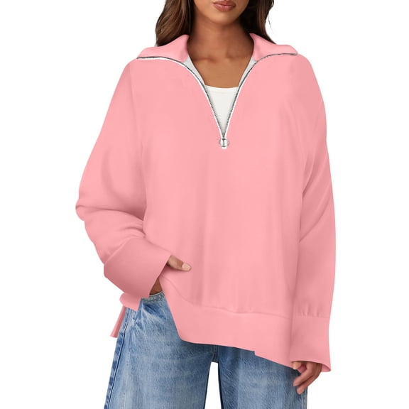 Womens Tops Women's Casual Half Zipper Lapel Solid Color Pullover Tops Side Slits Fashion Clothing