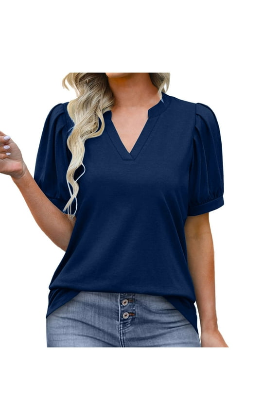 Womens Tops Women‘s Casual Oversize Solid V-neck Puff Sleeve Short Sleeved Blouse T-shirt Top Summer Blouses Dark Blue L