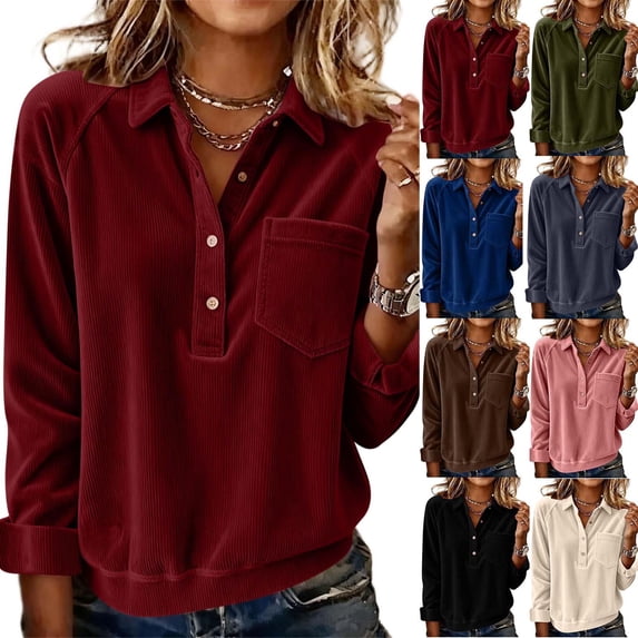 Womens Tops Women's Corduroy Collar Blouses Long Sleeve Button Pullover Tops Fall Warm Comfy Daily Fashion Blouses with Pockets