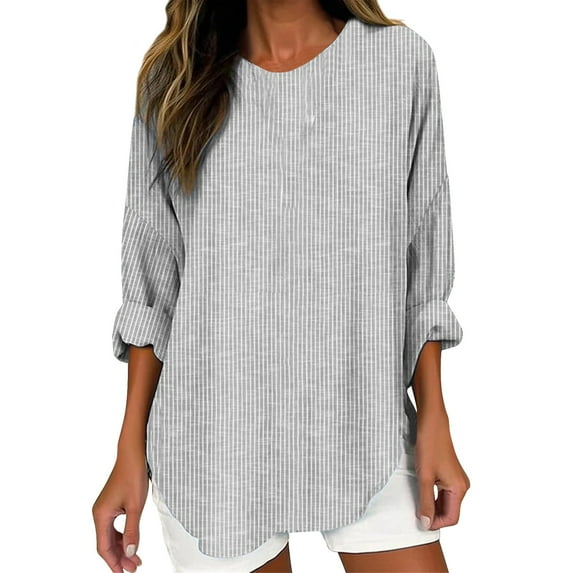 Womens Tops Women's Cotton And Linen Retro Striped Design Loose Long Sleeve Crew Neck Top