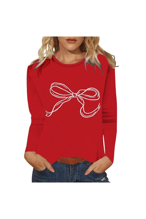 Womens Tops Women's Cute Bow Pattern Long Sleeve Top Spring Bow Print Shirts for Women