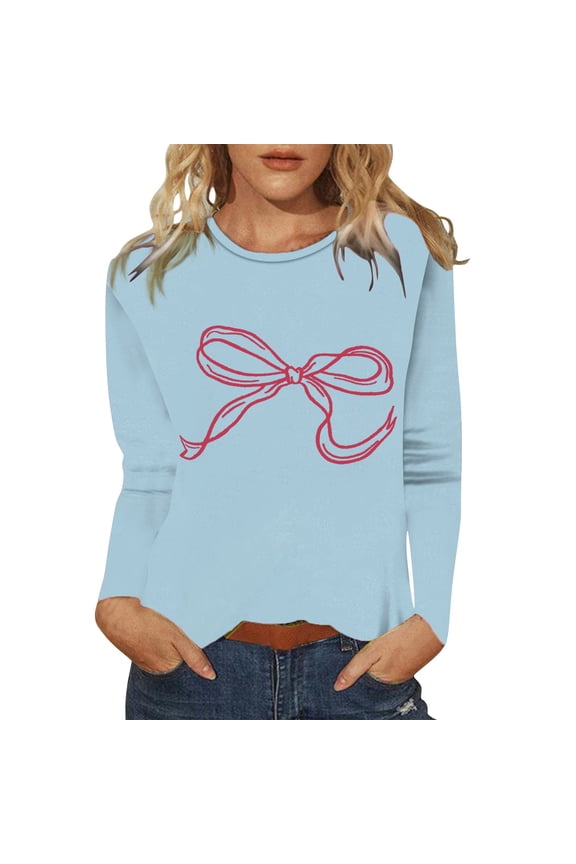 Womens Tops Women's Cute Bow Pattern Long Sleeve Top Spring Bow Print Shirts for Women