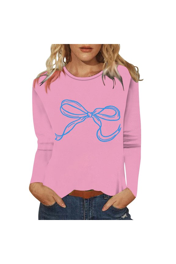 Womens Tops Women's Cute Bow Pattern Long Sleeve Top Spring Bow Print Shirts for Women