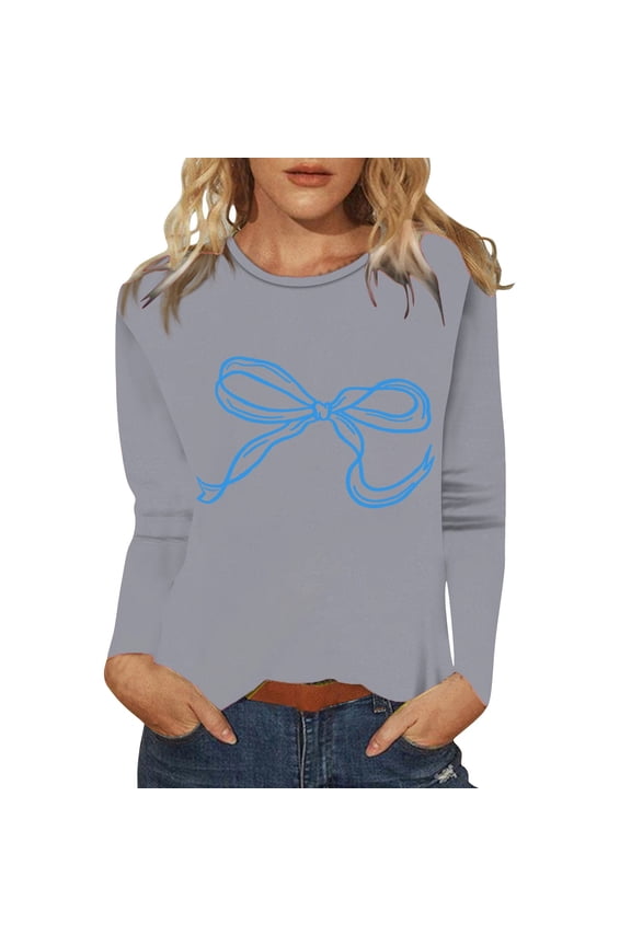Womens Tops Women's Cute Bow Pattern Long Sleeve Top Spring Bow Print Shirts for Women