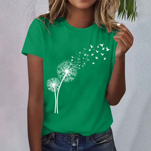 Womens Tops Women's Dandelion Printed Shirt Short Sleeve Round Neck T Shirt Fashion Top Lightweight Soft Casual Outfit Clothes Shirts for Women
