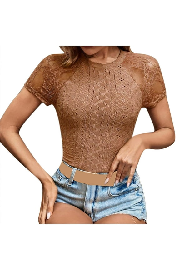 Womens Tops, Women's Elegant Floral Lace Blouse Short Sleeve Keyhole Back Fitted Semi Sheer Tops