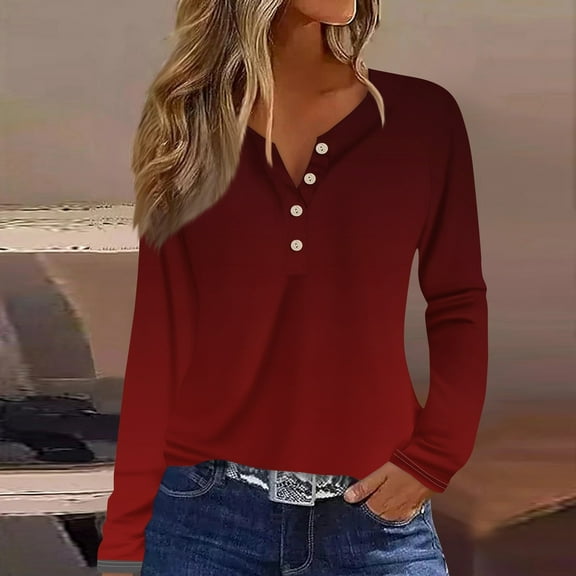 Womens Tops Women's Fashion Casual Gradient Printed V-Neck Long Sleeve Button T-Shirt Top