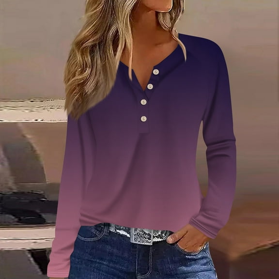Womens Tops Women's Fashion Casual Gradient Printed V-Neck Long Sleeve Button T-Shirt Top