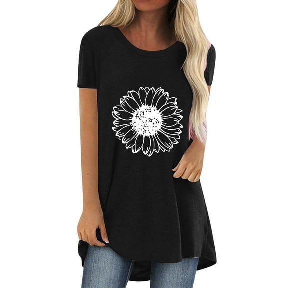 Womens Tops Women's Fashion Casual Printed Round Neck Short Sleeve Front Long Back T Shirt Shirts for Women