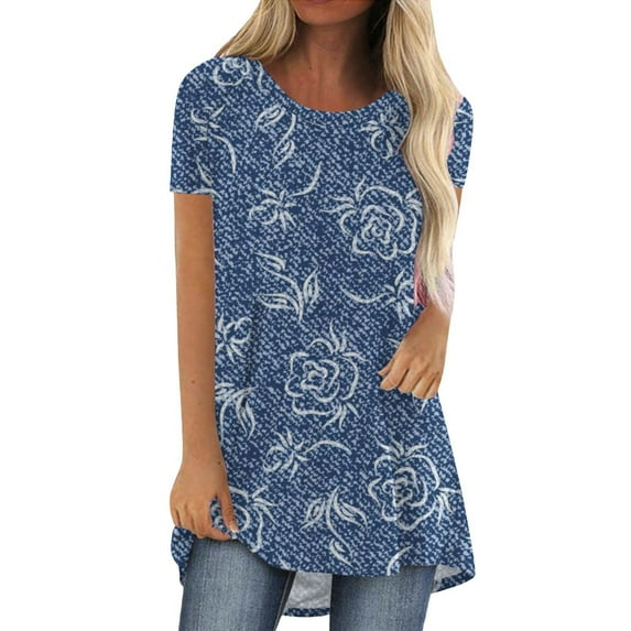 Womens Tops Women's Fashion Casual Printed Round Neck Short Sleeve Front Long Back T Shirt Shirts for Women