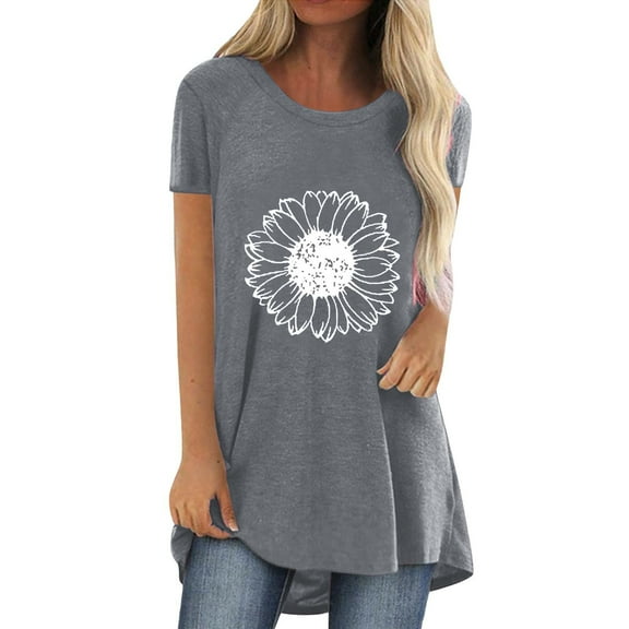 Womens Tops Women's Fashion Casual Printed Round Neck Short Sleeve Front Long Back T Shirt Shirts for Women