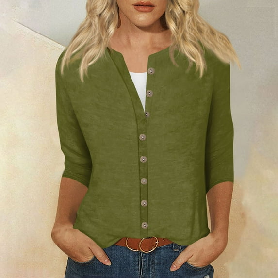 Womens Tops Women's Fashion Casual Round Neck 3/4 Sleeve Loose Printed T-Shirt Ladies Cardigan Shirts for Women Kagetolytai Army Green L