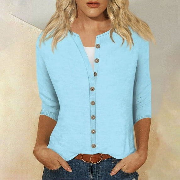 Womens Tops Women's Fashion Casual Round Neck 3/4 Sleeve Loose Printed T-Shirt Ladies Cardigan Shirts for Women Kagetolytai Cyan L