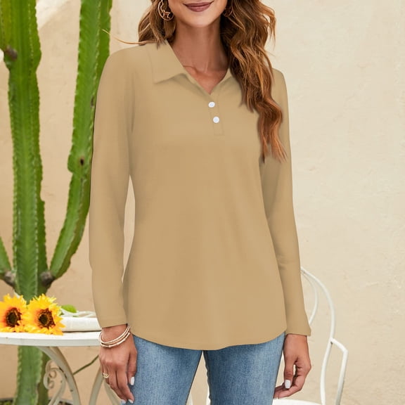Womens Tops Women's Fashion Solid Color Button Collar V Neck Long Sleeve Loose Shirt Tops