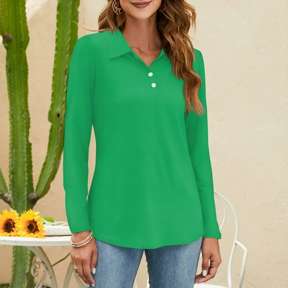 Womens Tops Women's Fashion Solid Color Button Collar V Neck Long Sleeve Loose Shirt Tops