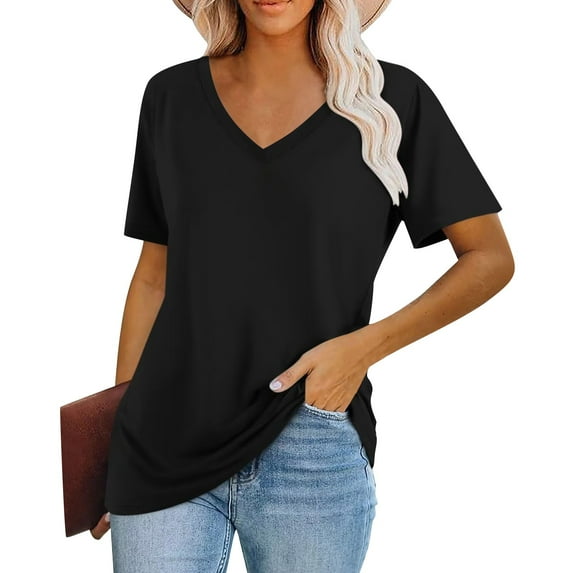 Womens Tops Women's Fashion V-Neck Classic Loose Solid Color Casual Short Sleeve T-Shirt