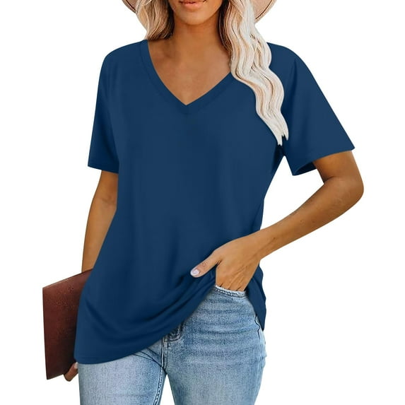 Womens Tops Women's Fashion V-Neck Classic Loose Solid Color Casual Short Sleeve T-Shirt