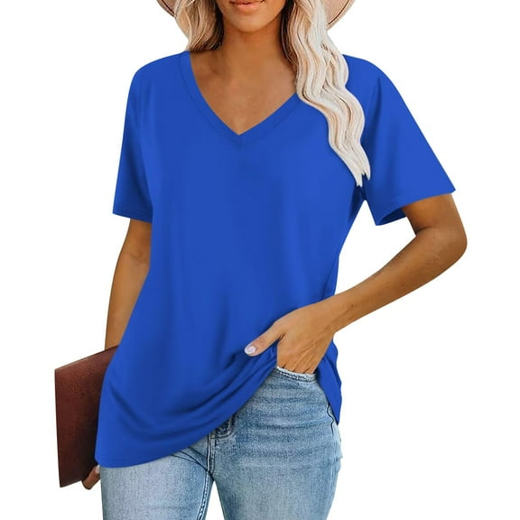 Womens Tops Women's Fashion V-Neck Classic Loose Solid Color Casual Short Sleeve T-Shirt