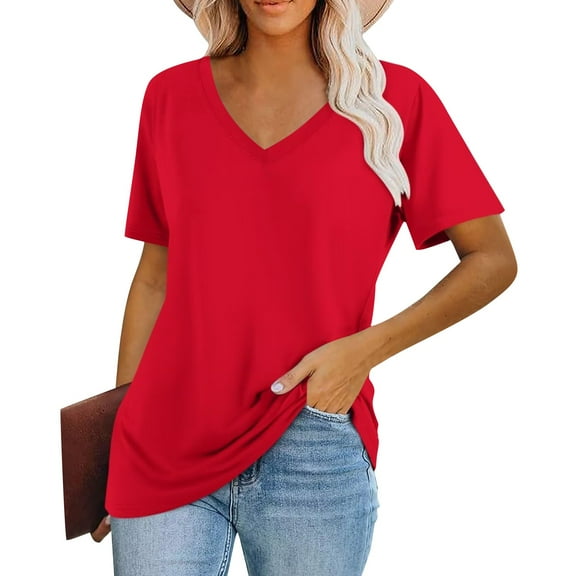 Womens Tops Women's Fashion V-Neck Classic Loose Solid Color Casual Short Sleeve T-Shirt
