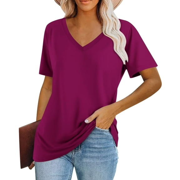 Womens Tops Women's Fashion V-Neck Classic Loose Solid Color Casual Short Sleeve T-Shirt