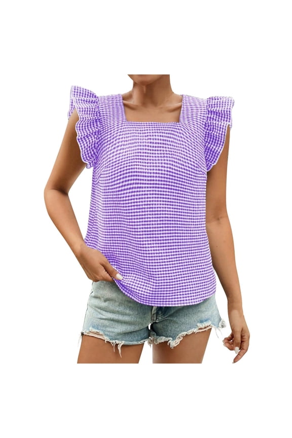 Womens Tops, Women's Gingham Print Blouse Top Square Neck Ruffle Short Sleeve Boho Casual Shirts Purple L