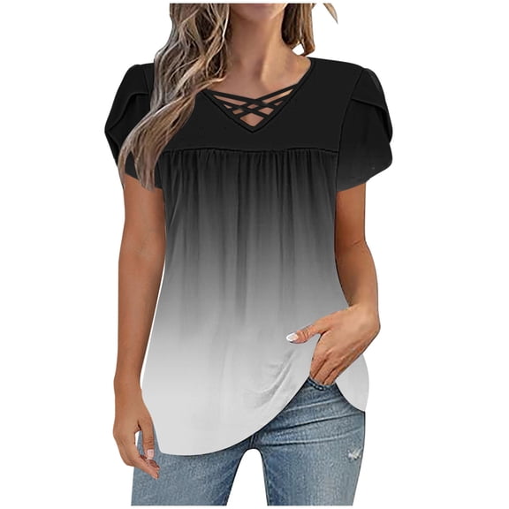 Womens Tops, Women's Gradient Color T-Shirt Fashion Criss Cross V Neck Short Sleeve Pleated Flowy Loose Fit Summer Tops