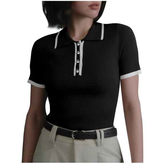 Womens Tops, Women's Knitted Button Up Golf Shirts Short Sleeve Slim Fit Pullover Sweaters Trendy Casual 2026 Lapel Tee Shirts Black M