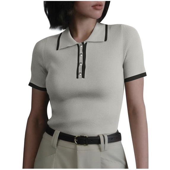 Womens Tops, Women's Knitted Button Up Golf Shirts Short Sleeve Slim Fit Pullover Sweaters Trendy Casual 2026 Lapel Tee Shirts White M