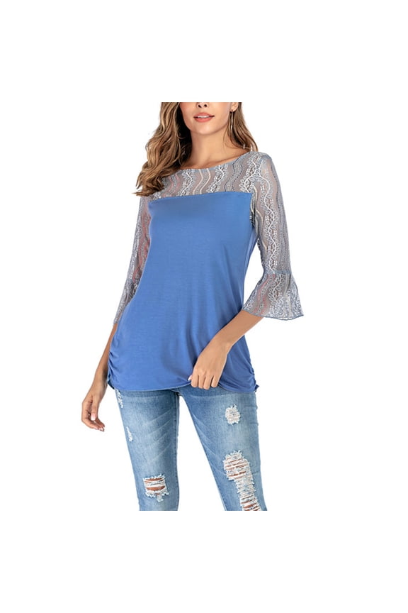 Womens Tops, Women's Lace 3/4 Length Sleeve Tunics Tops Boat Neck Floral Mesh Patchwork Shirt Casual Ruched Side Hem Party Blouses