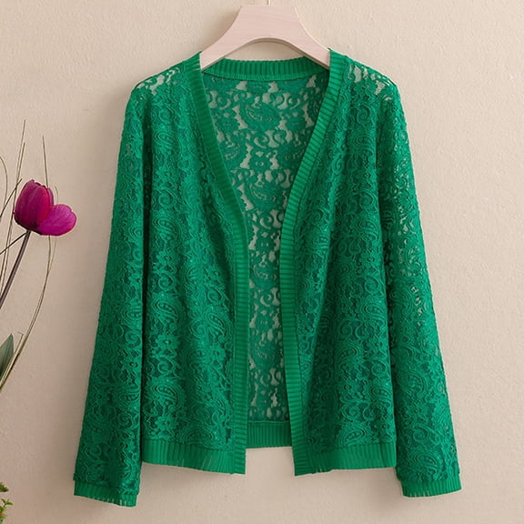 Womens Tops Women's Lightweight Lace Open Front Solid Color Casual Cardigan Autumn Beach Cover Up Green