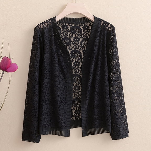 Womens Tops Women's Lightweight Solid Color Lace Open Front Casual Thin Cardigan Autumn Beach Cover Up Black