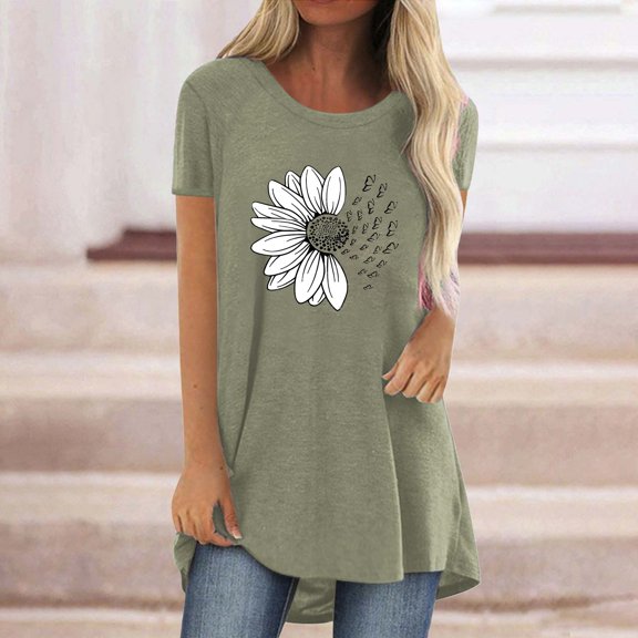Womens Tops Women's Long Printed Spring/Summer Round Neck T Shirt Shirts for Women