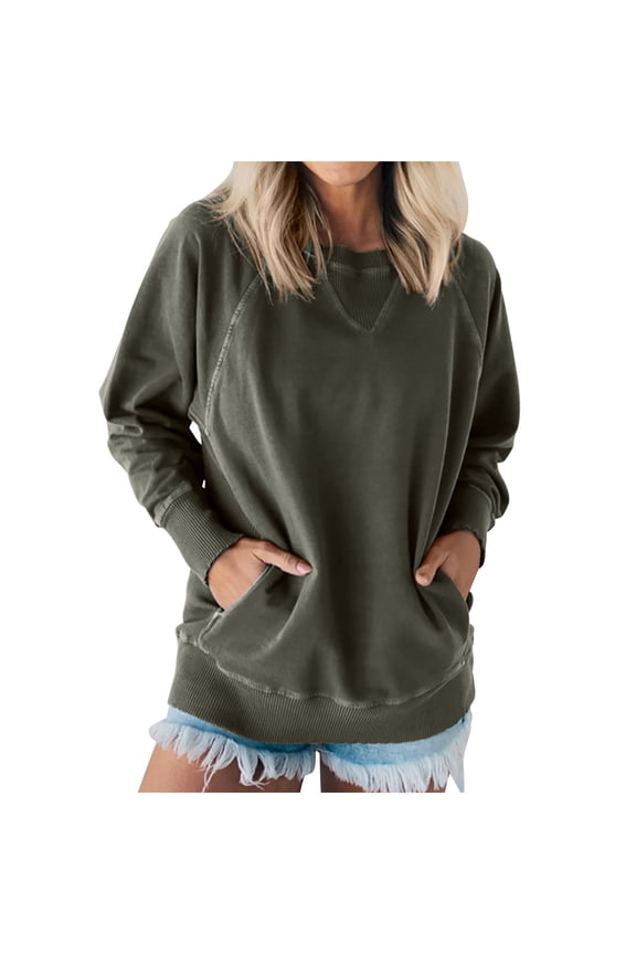 Womens Tops Women’s Long Sleeve Basic Shirts Women's Solid Color Fashionable Threaded Decorative Pocket Long Sleeved Loose Hoodie Army Green 2XL