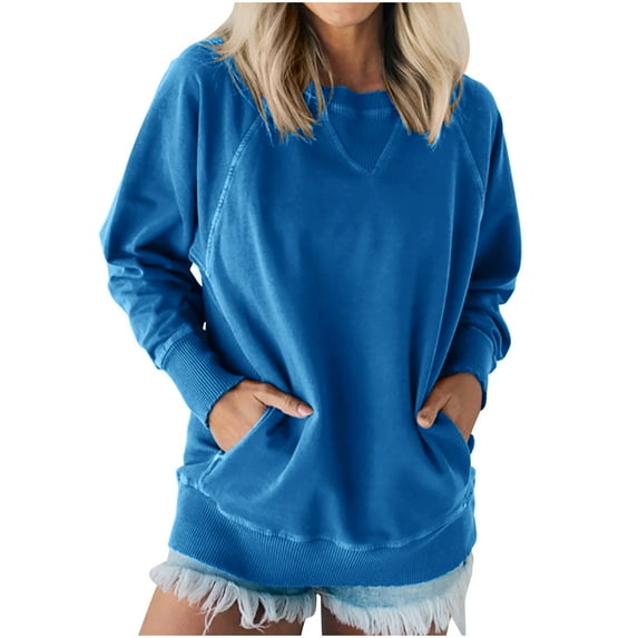 Womens Tops Women’s Long Sleeve Basic Shirts Ndbuld Women's Solid Color Fashionable Threaded Decorative Pocket Long Sleeved Loose Hoodie Sales Today Clearance Blue 2XL