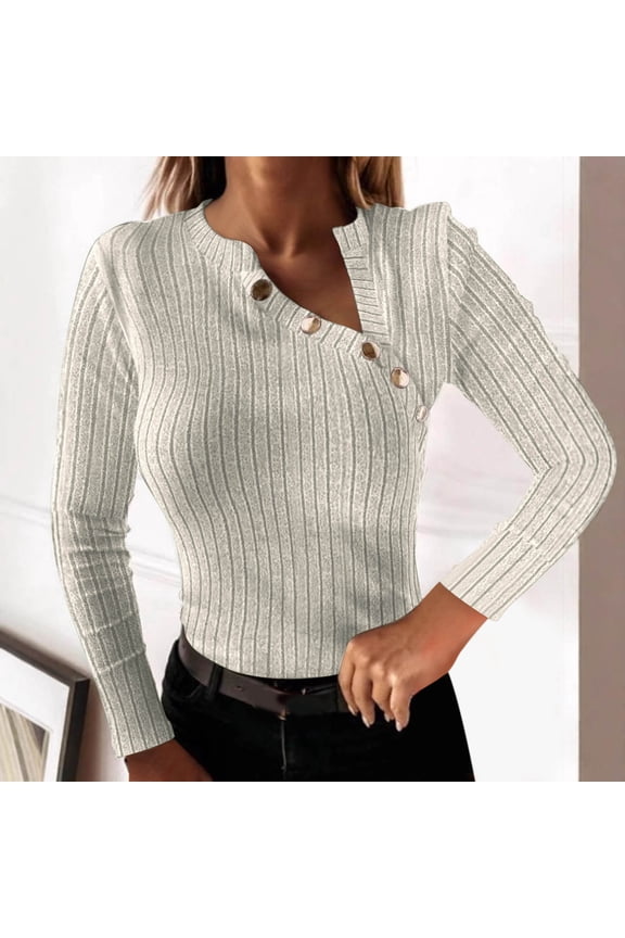 Womens Tops Women’s Long Sleeve Basic Shirts Women's Winter New Long Sleeve V-neck Metal Buckle Decorative Top T-shirt Women's Long Sleeve V-neck Top/shirt Beige S