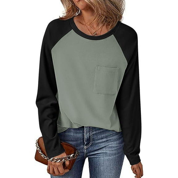 Womens Tops Women’s Long Sleeve Basic Shirts Ndbuld Womens Crew Neck Long Sleeve Colorblock Shirts Green S