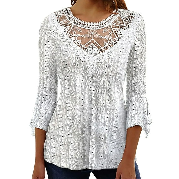 Womens Tops Women's New Summer Comfortable And Casual Hollow See Through Lace Stitching Three Quarter Sleeve Top White