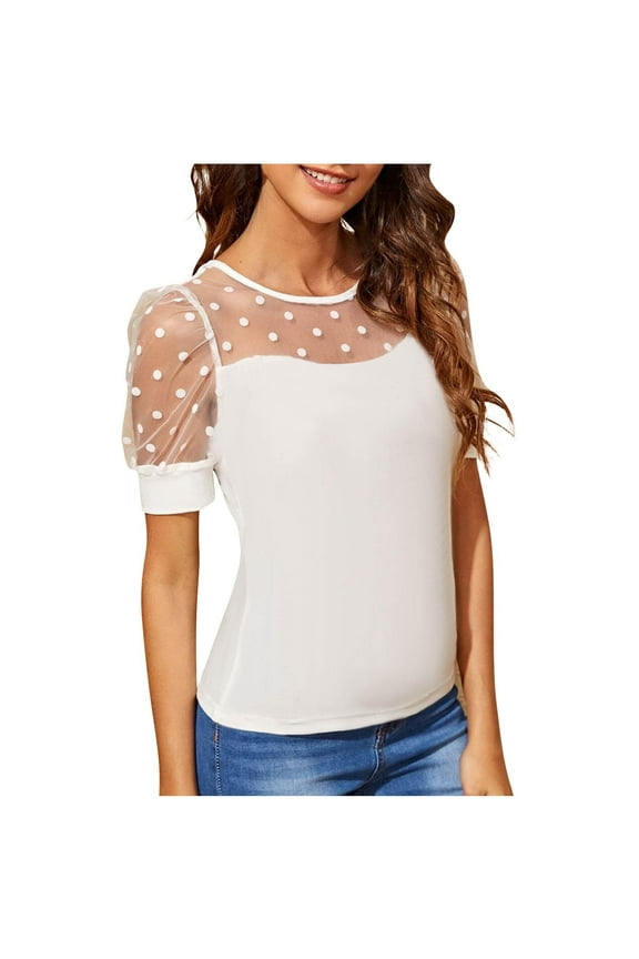 Womens Tops, Women's Polka Dot Mesh Sheer Blouse Short Sleeve See Through Dots Tops White XXL