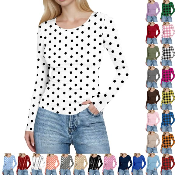 Womens Tops, Women's Ribbed Long Sleeve Round Neck Top, Slim Fit Stretch Casual Shirt, Soft Basic Everyday Tops for Women,02-White L