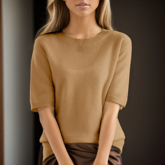 Womens Tops Women's Round Neck Short Sleeved Loose T Shirt With A Knit Bottom Short Top Gold