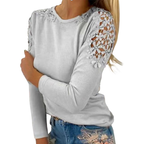 Womens Tops Women's Round Neck Solid Color Hollow Stitching Long Sleeved T Shirt