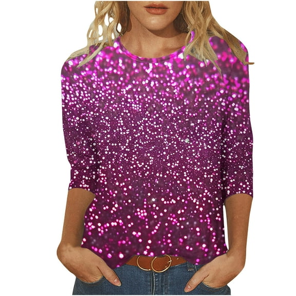 Plus Size 3/4 Length Sleeve Tshirts for Women Summer Glitter Tops Trendy Crewneck Sequins Tunic Tee