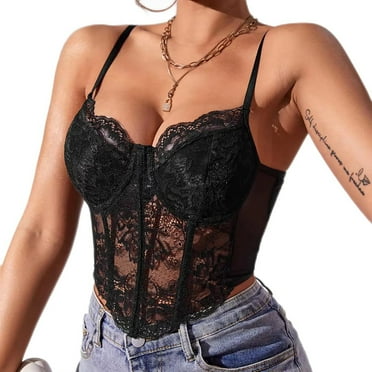 Womens Tops Women's Sexy Floral Lace Mesh Corset Vest Spaghetti Strap Tops Going Out Shirts for Women