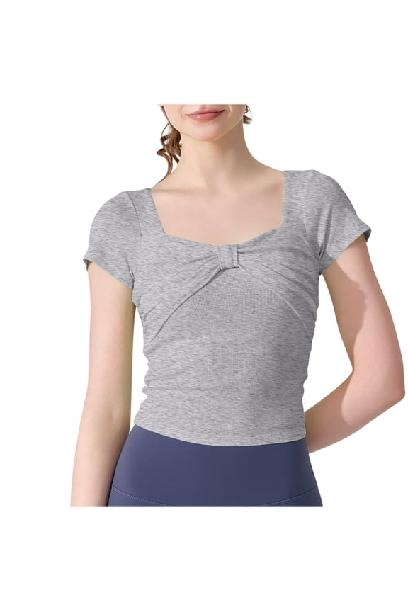 Womens Tops, Women's Sexy Twist Front Deep V Neck T Shirts Double Lined Short Sleeve Trendy Slim Fit Tee Going Out Crop Top Y2K Gray M