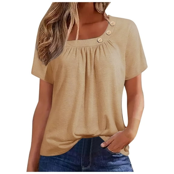 Womens Tops Women's Short Sleeve Solid Color 3 Button T Shirt Top Workout Tops Long Sleeve plus Size Neck Girl Tee Shirts Women Dot Sleeve Ladies Tan Summer Tops Khaki S