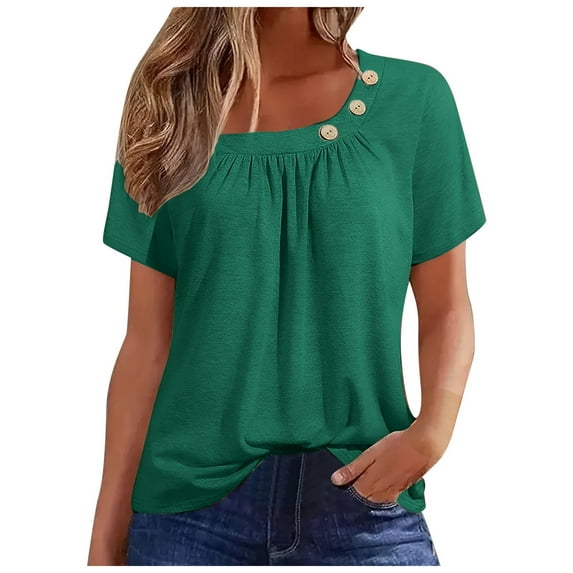 Womens Tops Women's Short Sleeve Solid Color 3 Button T Shirt Top Workout Tops Long Sleeve plus Size Neck Girl Tee Shirts Women Dot Sleeve Ladies Tan Summer Tops Green XXL