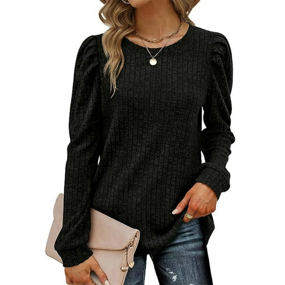 Womens Tops Women's Solid Color Casual Knit Pullover Puff Long Sleeve T-Shirt Tops