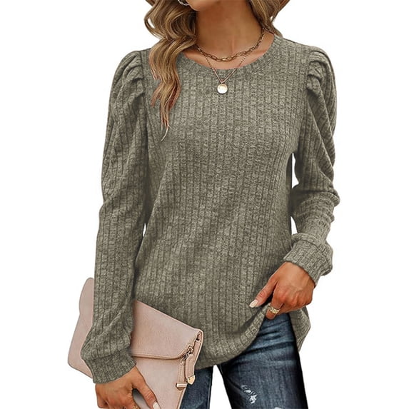Womens Tops Women's Solid Color Casual Knit Pullover Puff Long Sleeve T-Shirt Tops