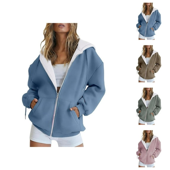 Womens Tops Women's Solid Color Sweatshirt Women's Casual Fashion Hooded Drawstring Solid Color Zipper Coat Pocket Coat Sweatshirt